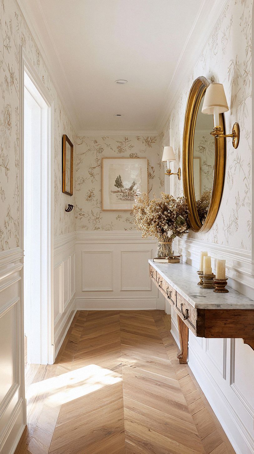 bright-narrow-french-hallway-with-white-paneled-walls-and-ta