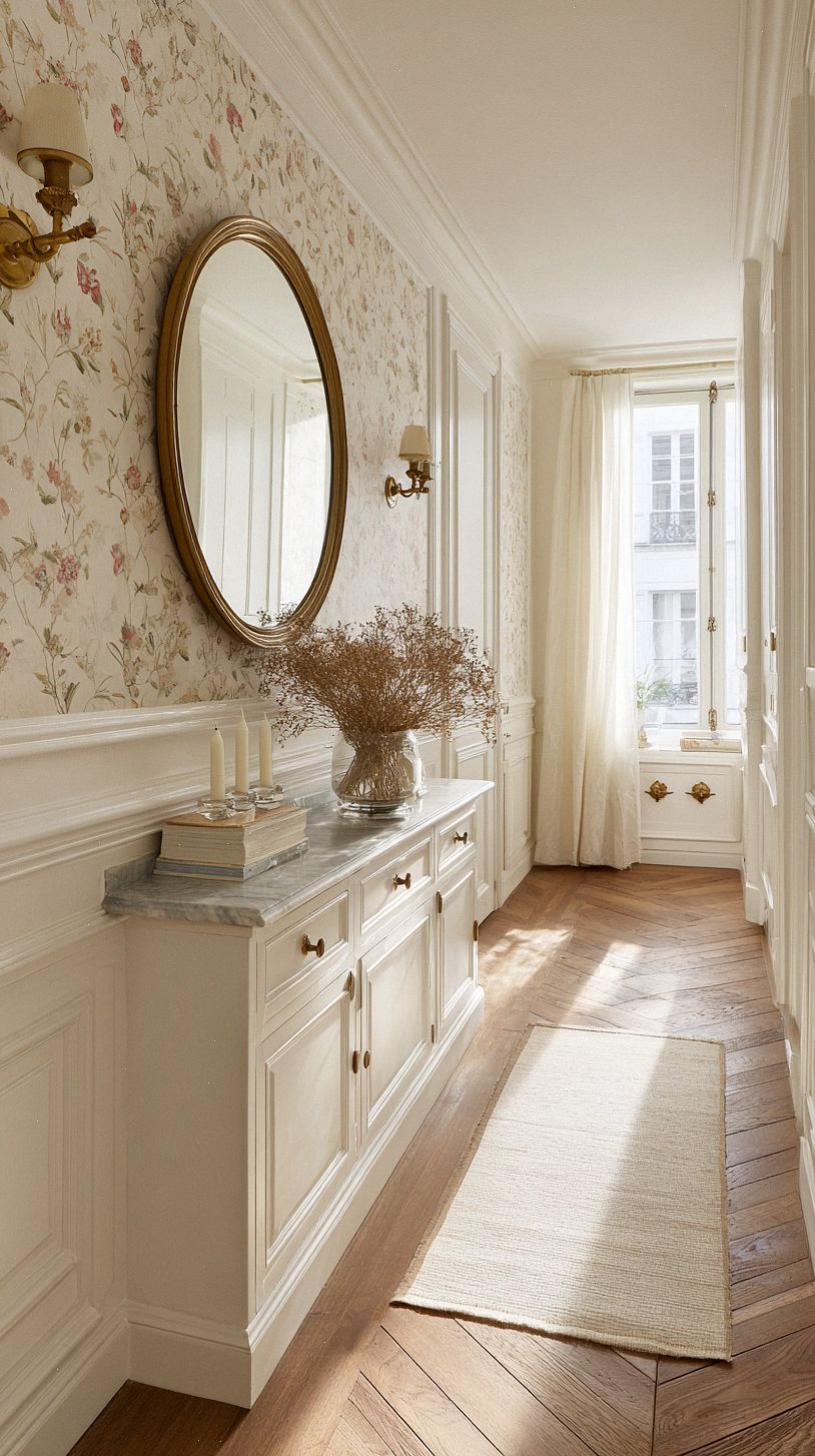 bright-narrow-french-hallway-with-white-paneled-walls-and-ta