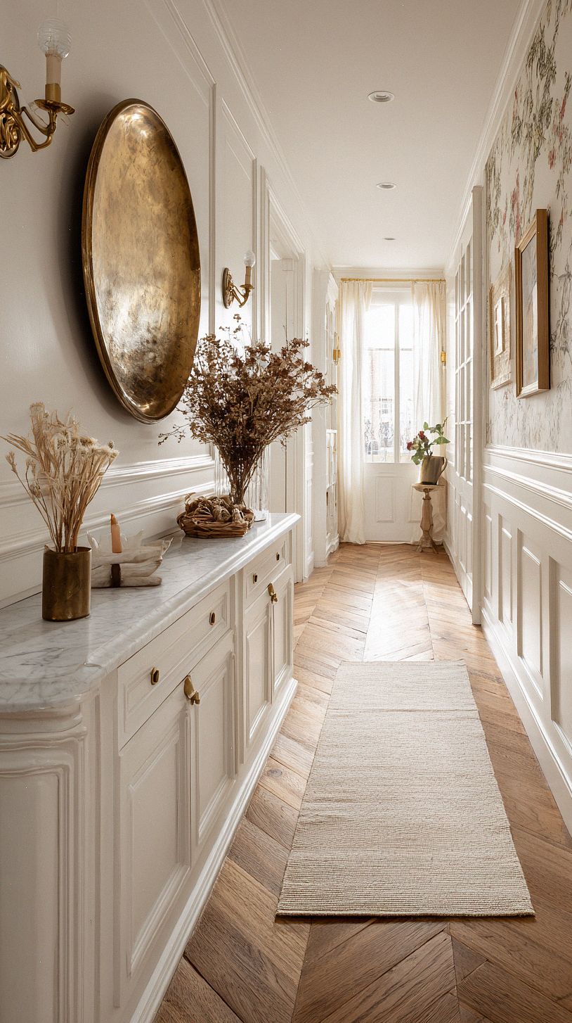 bright-narrow-french-hallway-with-white-paneled-walls-and-ta