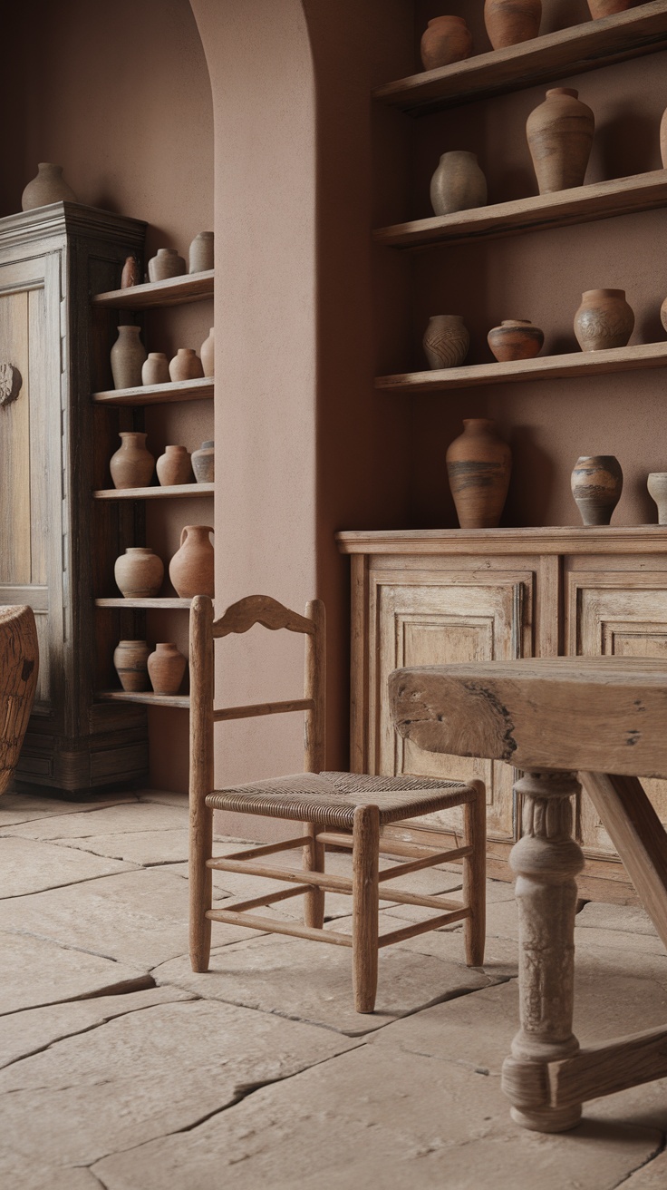 A cozy living room with rustic wooden furniture and handmade pottery.