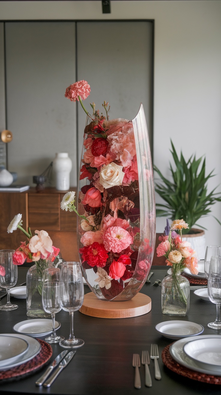 A beautiful dining table featuring a floral centerpiece in a sculptural vase, surrounded by elegant table settings.