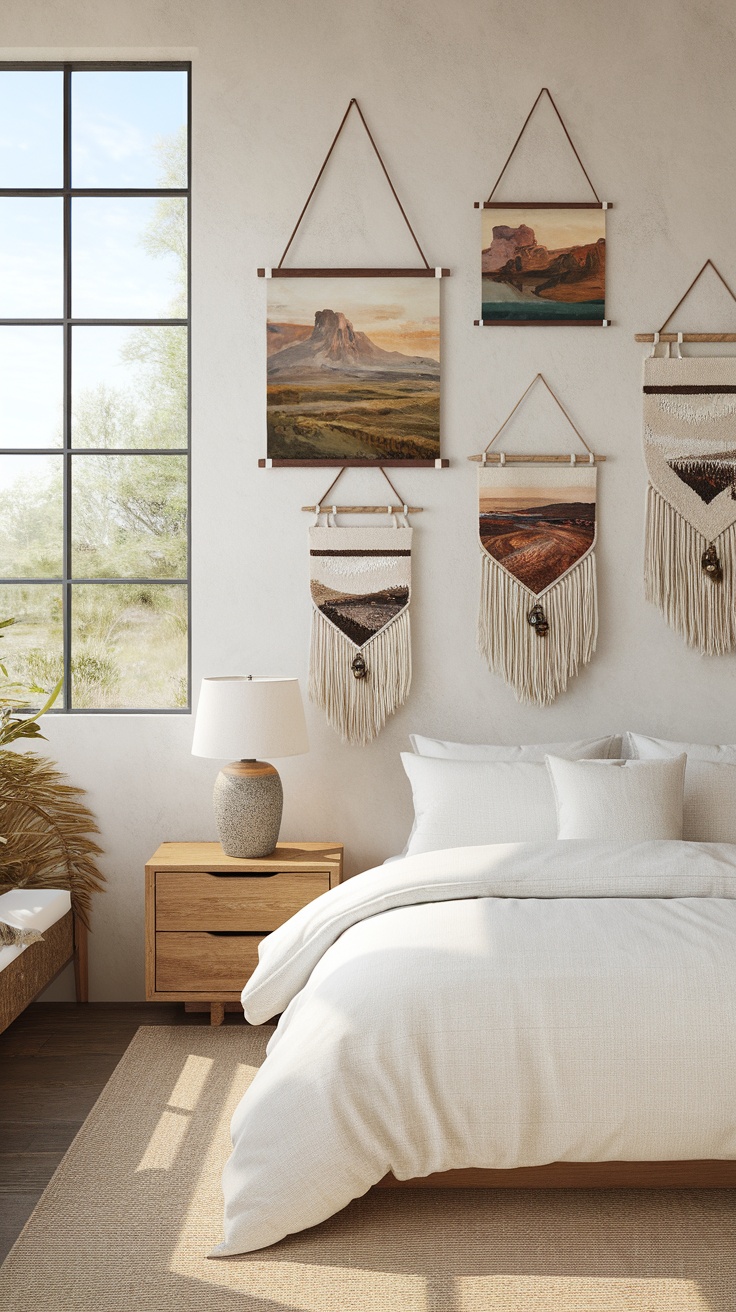 A minimal western bedroom with artistic wall decor including paintings and woven hangings.