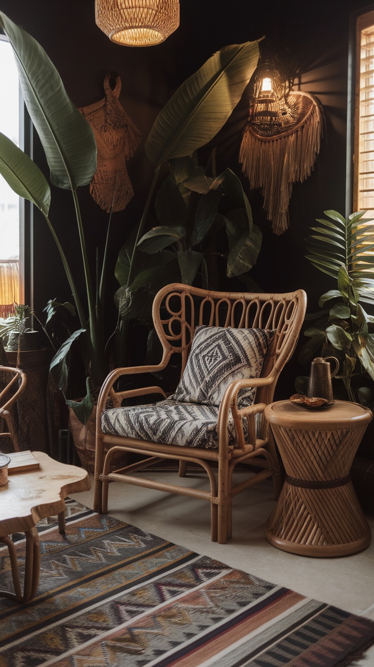 A cozy dark bohemian living room with plants, a rattan chair, and warm lighting.