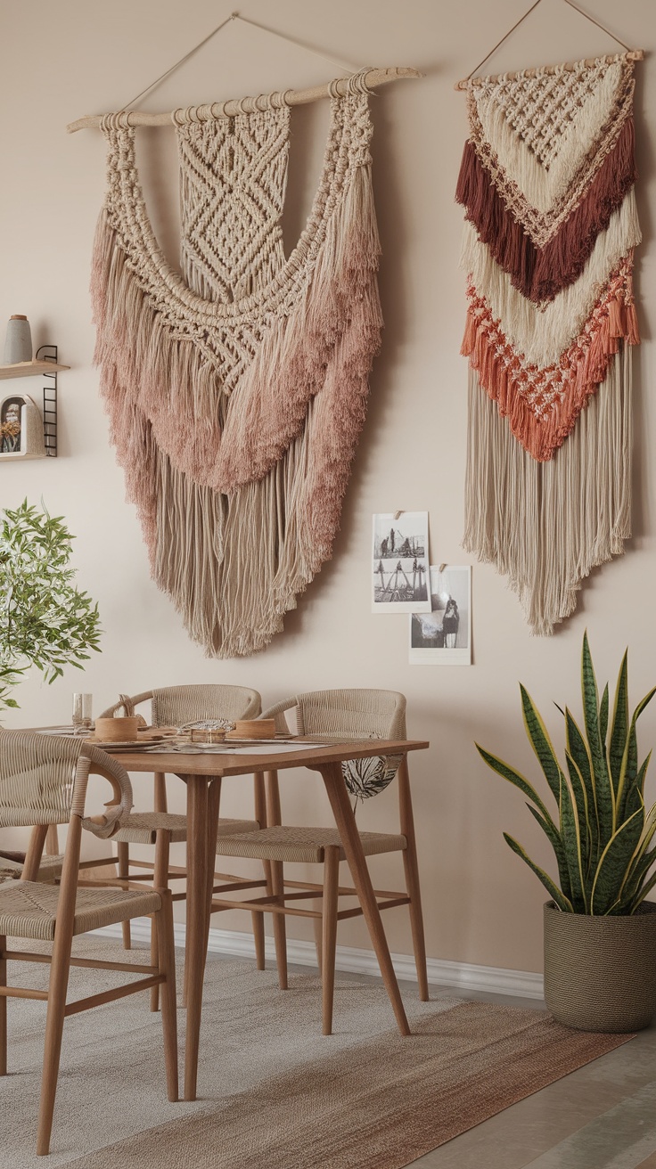 A cozy dining room featuring bohemian macramé wall decor and a wooden dining table.