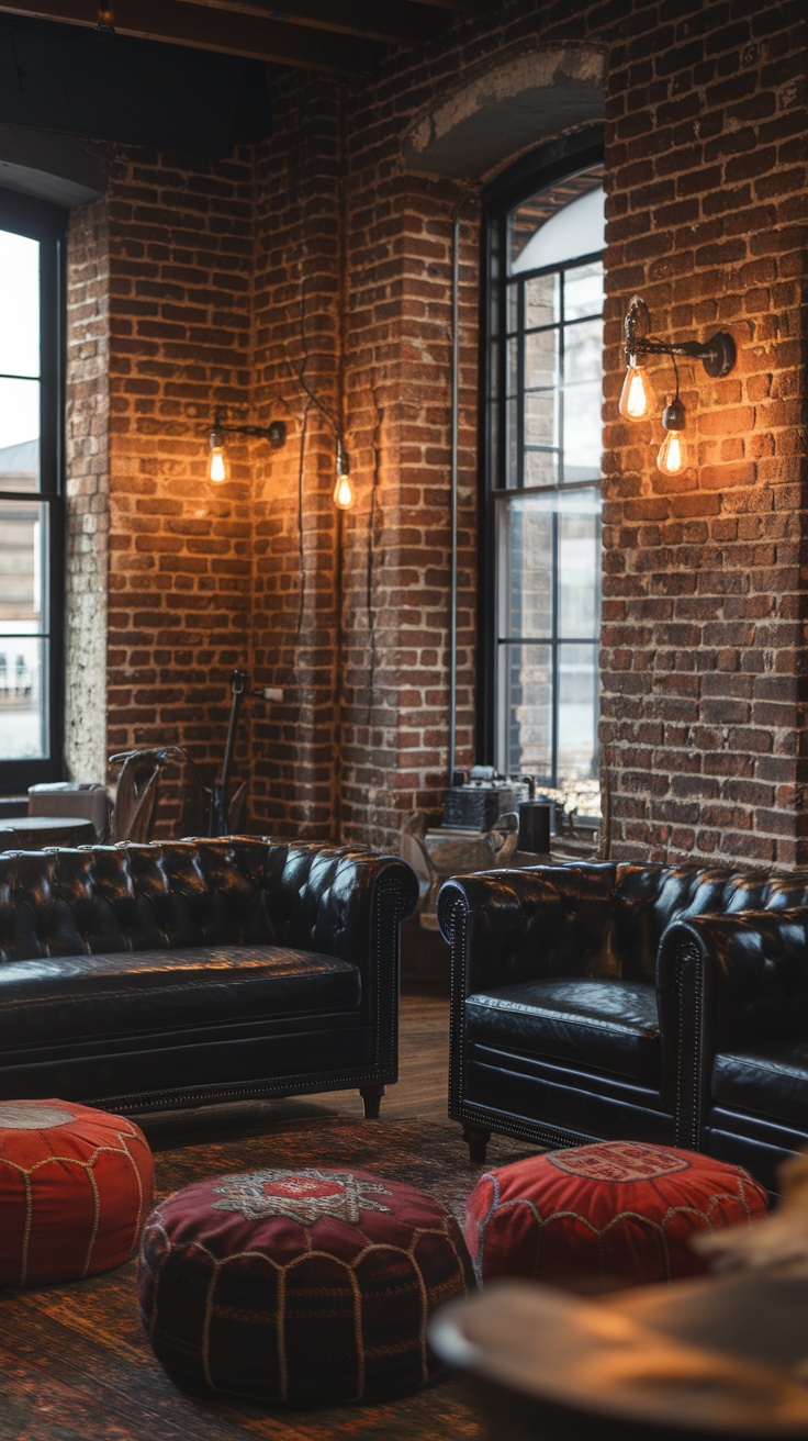 A dark boho living room featuring leather sofas and colorful poufs.