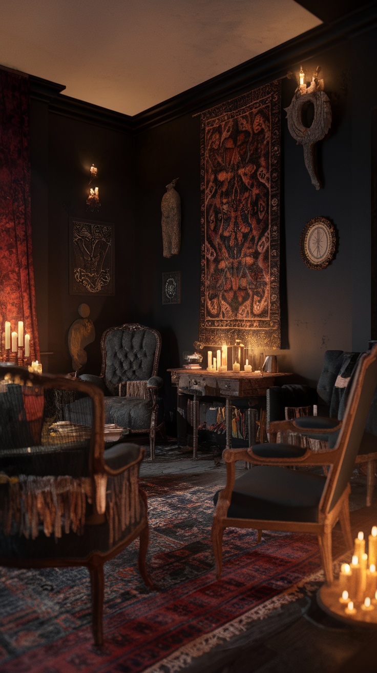 A dark boho living room with gothic elements, featuring rich textiles, vintage furniture, and candles.