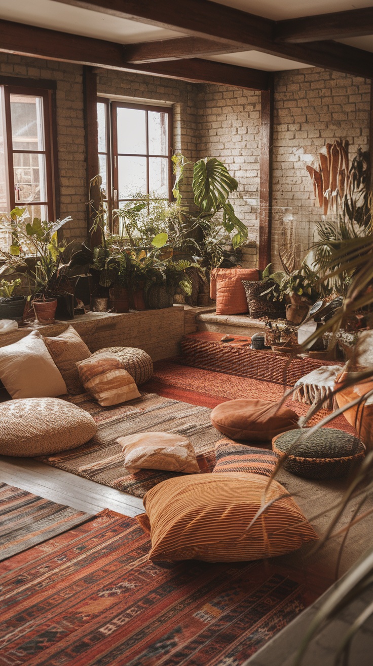 A cozy sunken living room filled with cushions and plants.