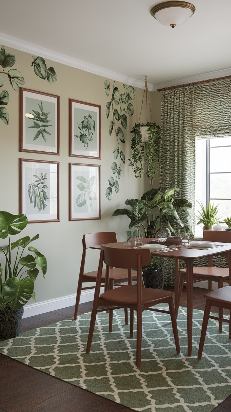 A dining room with botanical wall art and greenery.