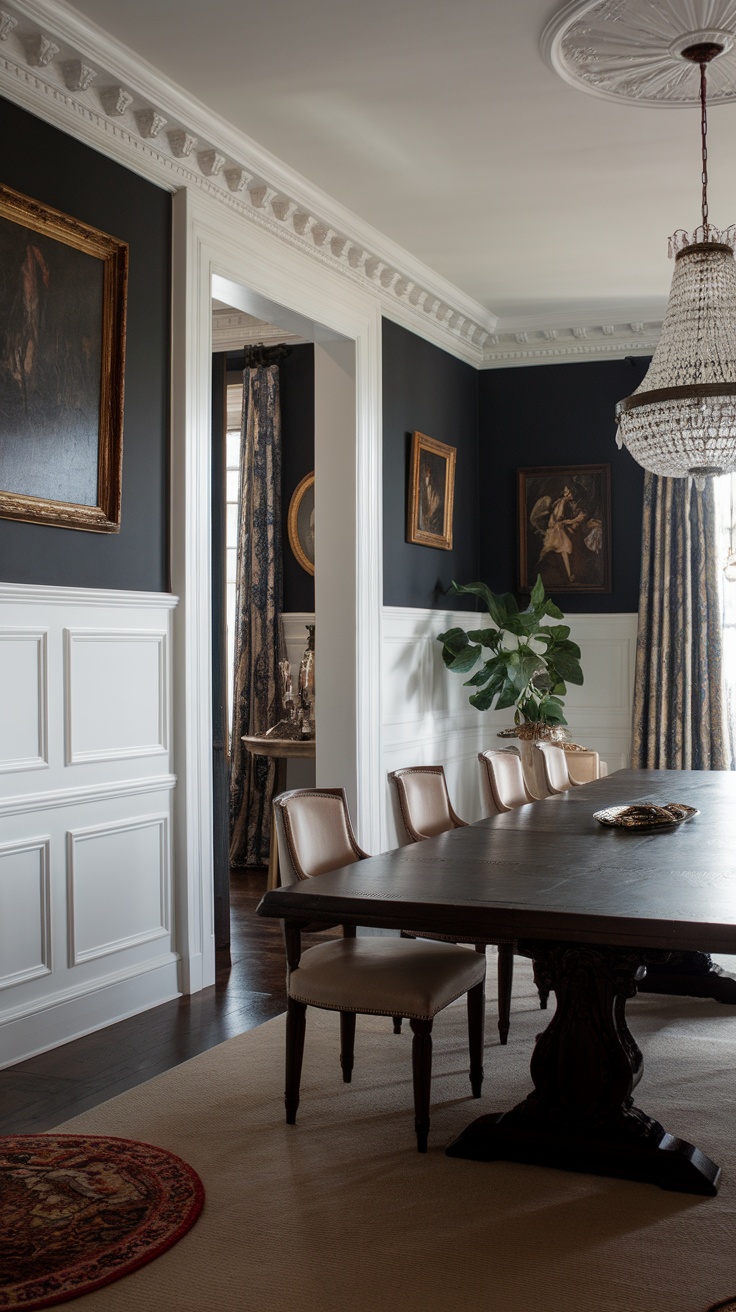 A dining room featuring elegant wainscoting and molding, with a dark wall and white panels, complemented by stylish decor.