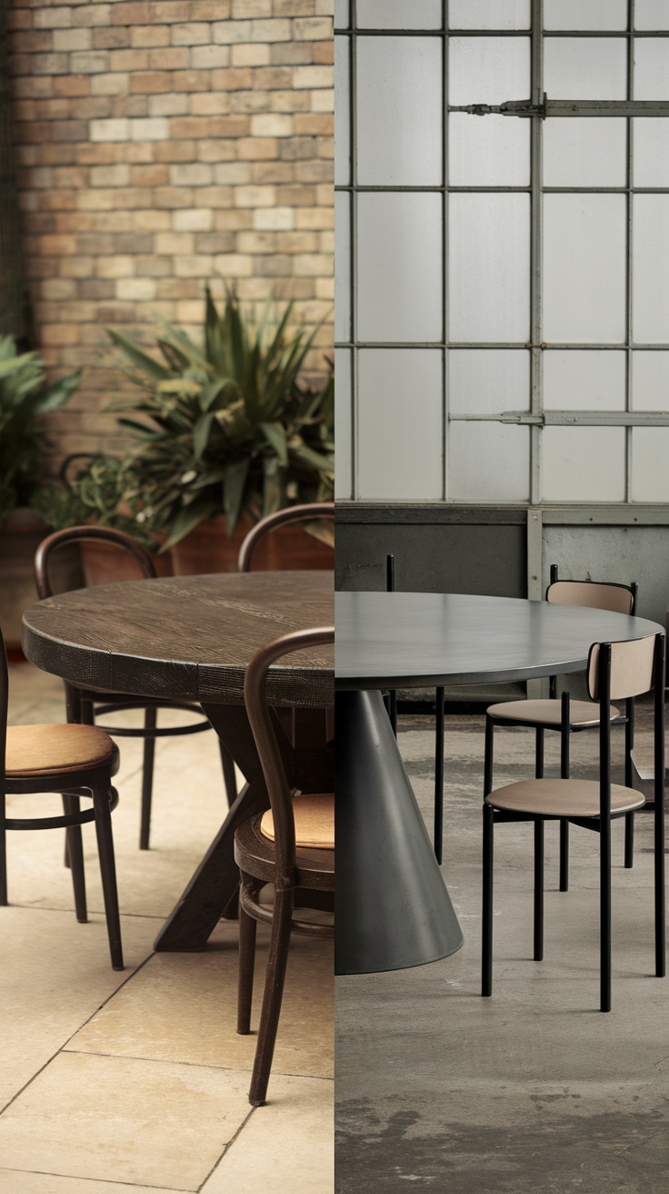 Two round dining tables, one made of wood with a rustic look and the other made of metal with a modern design.