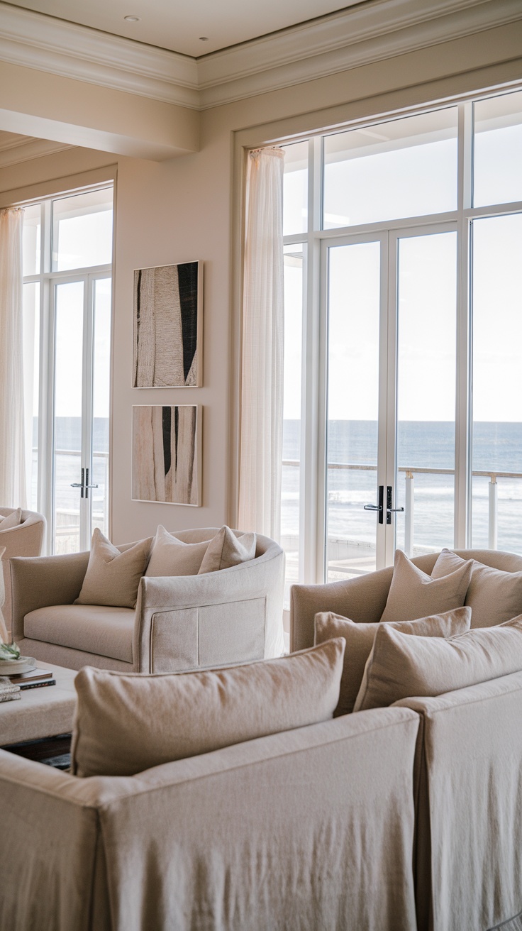 A coastal luxury living room with large windows overlooking the ocean, featuring plush seating and soft decorative elements.