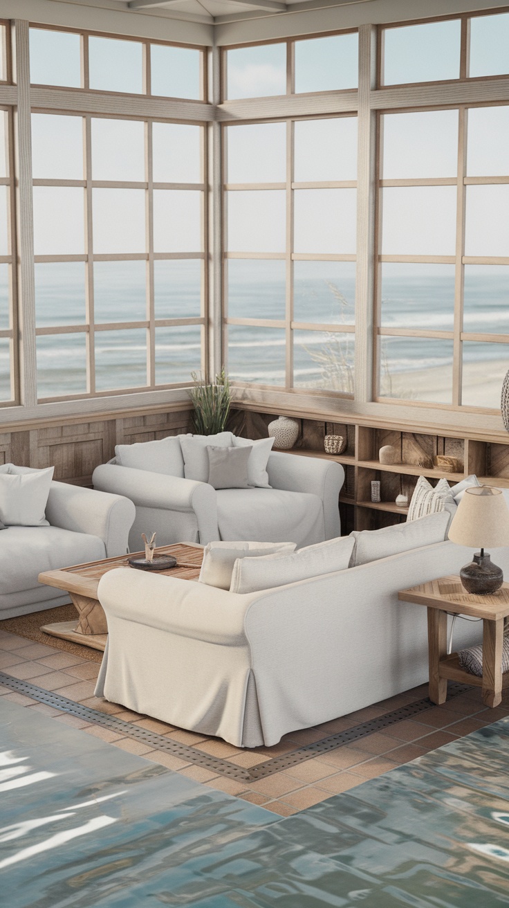 A sunken living room with a coastal theme, featuring light-colored furniture and large windows overlooking the ocean.