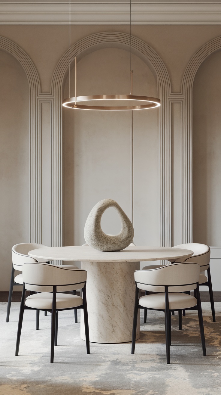 A modern dining room with a round marble table, stylish chairs, and a unique stone centerpiece.