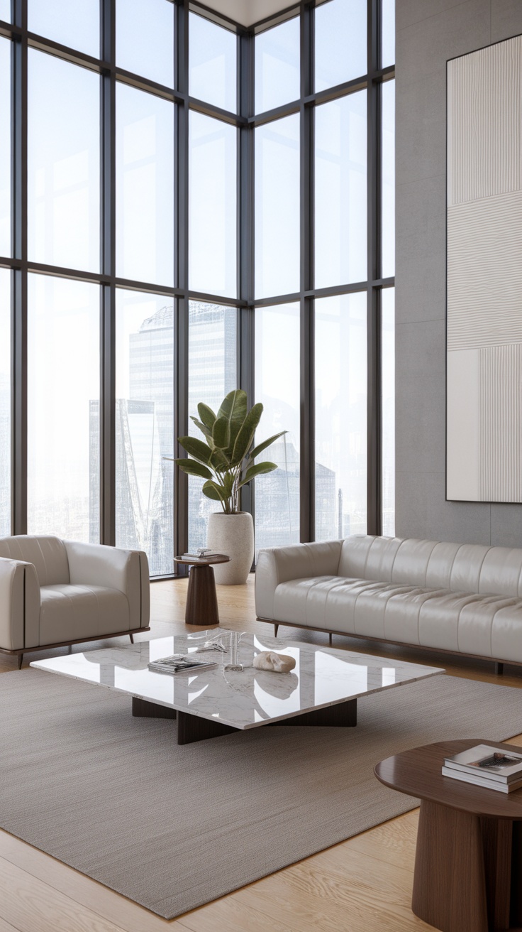 A modern living room with large windows, sleek furniture, and a minimalist design.