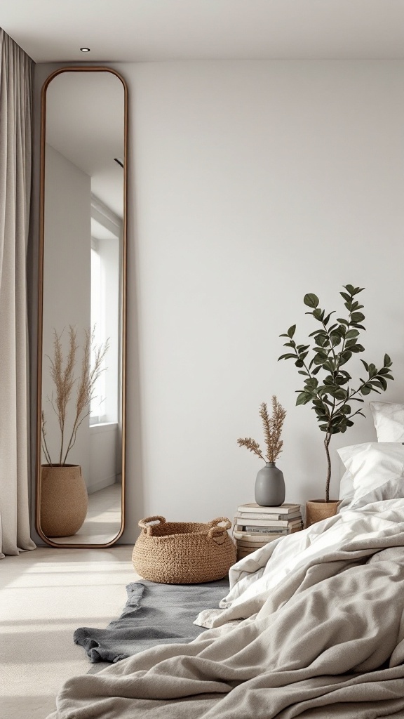 Modern western bedroom featuring a tall mirror, plants, and cozy bedding.