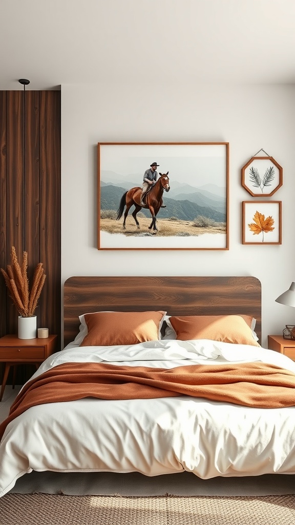 A modern western bedroom featuring wall art with a cowboy on horseback and natural elements.