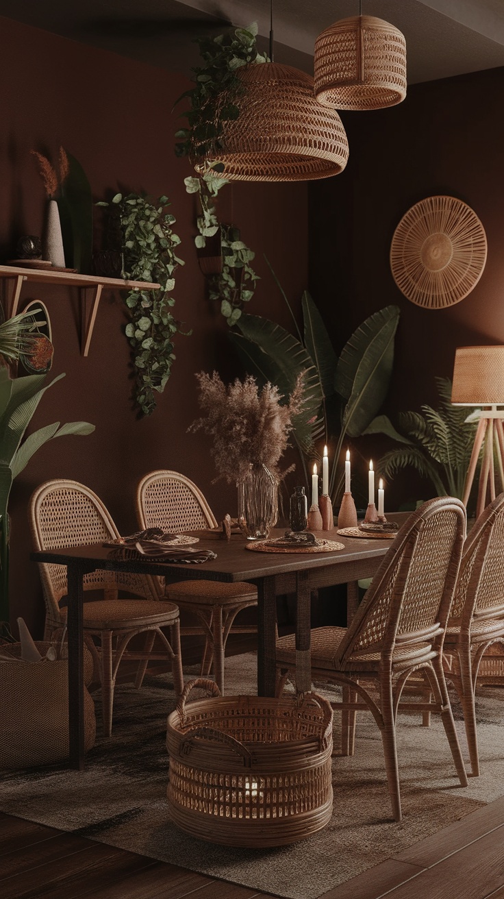 A cozy boho dining room with rattan chairs, dark walls, and plants.