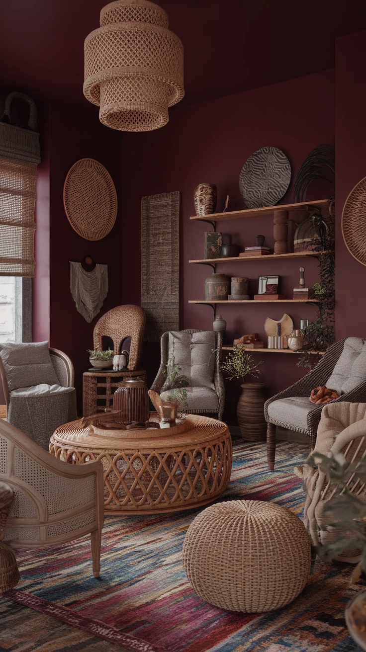 A dark boho living room featuring burgundy walls, woven furniture, and eclectic decor.