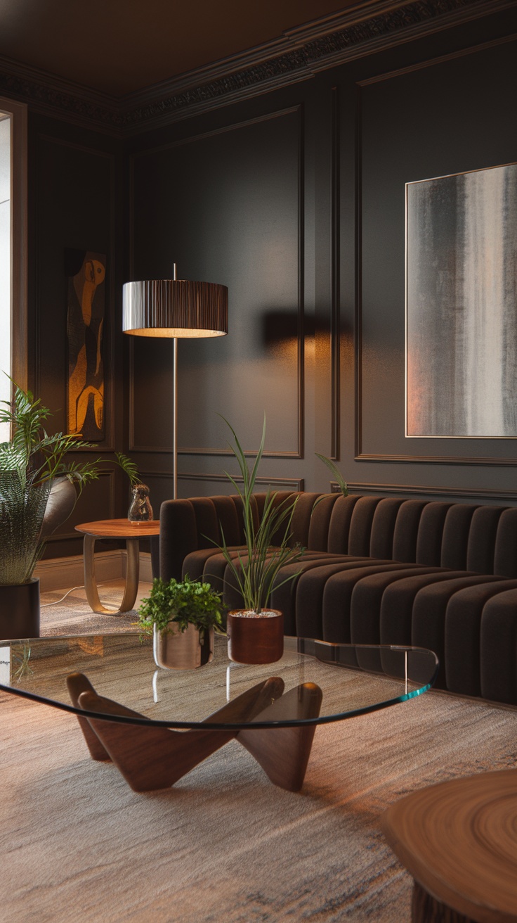 A modern living room featuring dark walls, a plush brown sofa, and stylish decor.