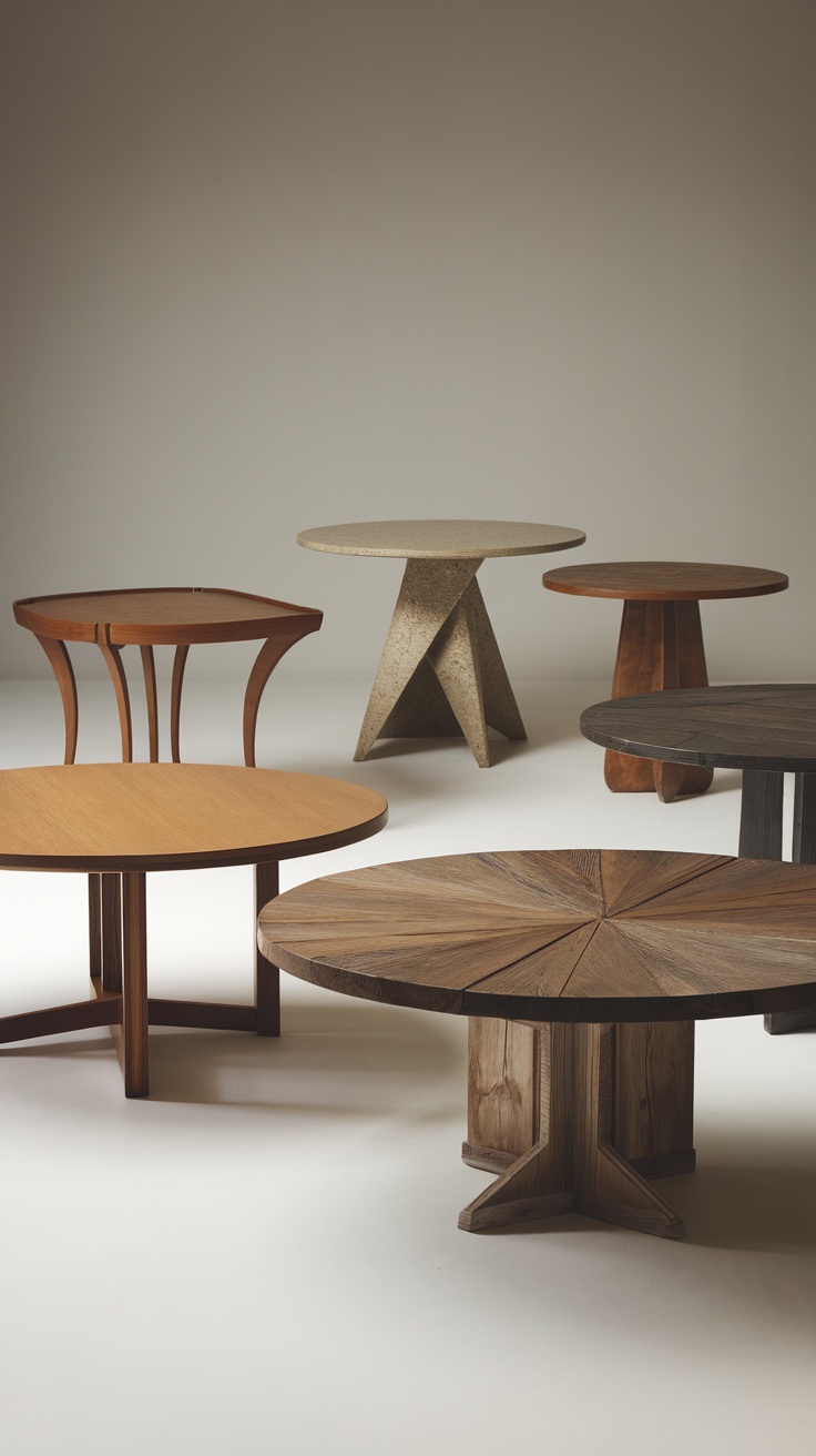 Various modern round dining tables in different shapes and materials.