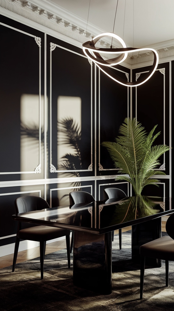 A dark dining room featuring black walls with white trim, a glossy black table, and a plant, complemented by modern lighting.