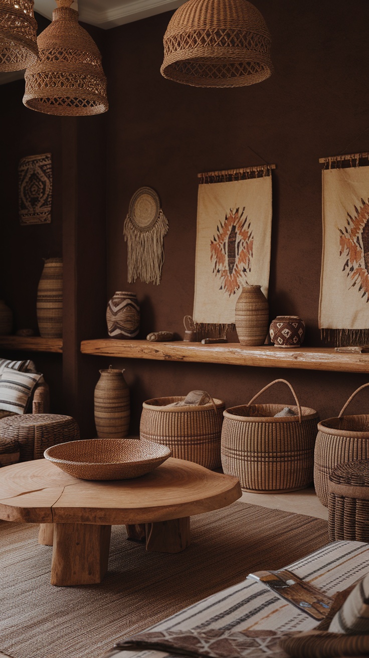 A dark boho living room featuring earthy tones, woven baskets, and wooden decor.