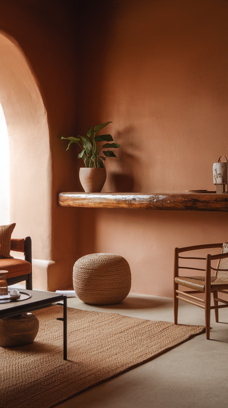 A cozy living room featuring earthy tones, woven textures, and a touch of greenery.