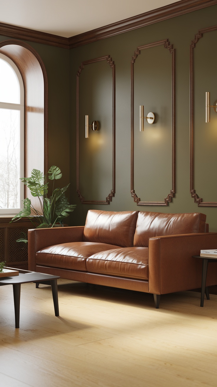 A modern living room featuring a brown leather sofa, olive green walls, and decorative plants.