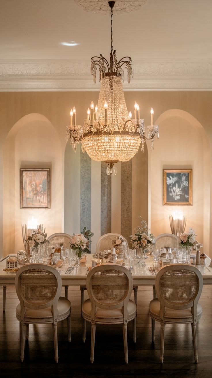 An elegant chandelier hanging above a beautifully set dining table.