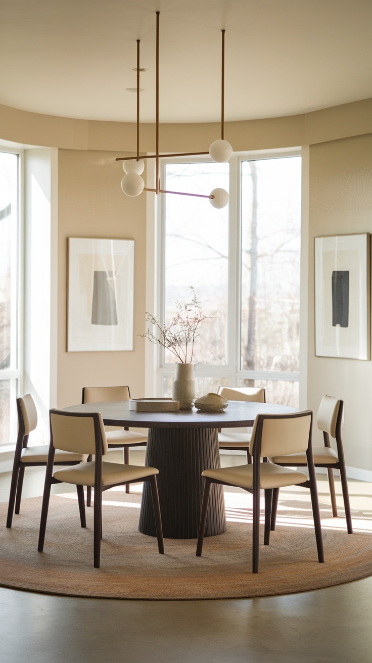 A modern round dining table set in a bright room with large windows and stylish decor.