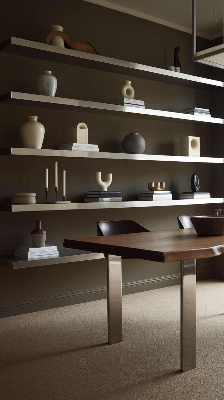 Floating shelves adorned with decorative items in a dining room.