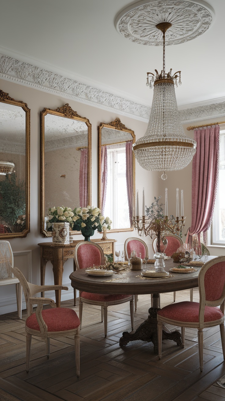 Elegant French-inspired dining room with chandelier, mirrors, and floral arrangements.