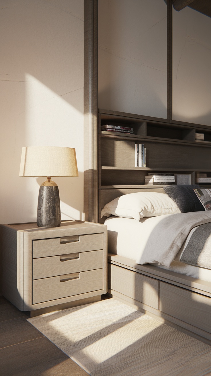 Minimal western bedroom with functional furniture, including a bed with storage and stylish lamp.