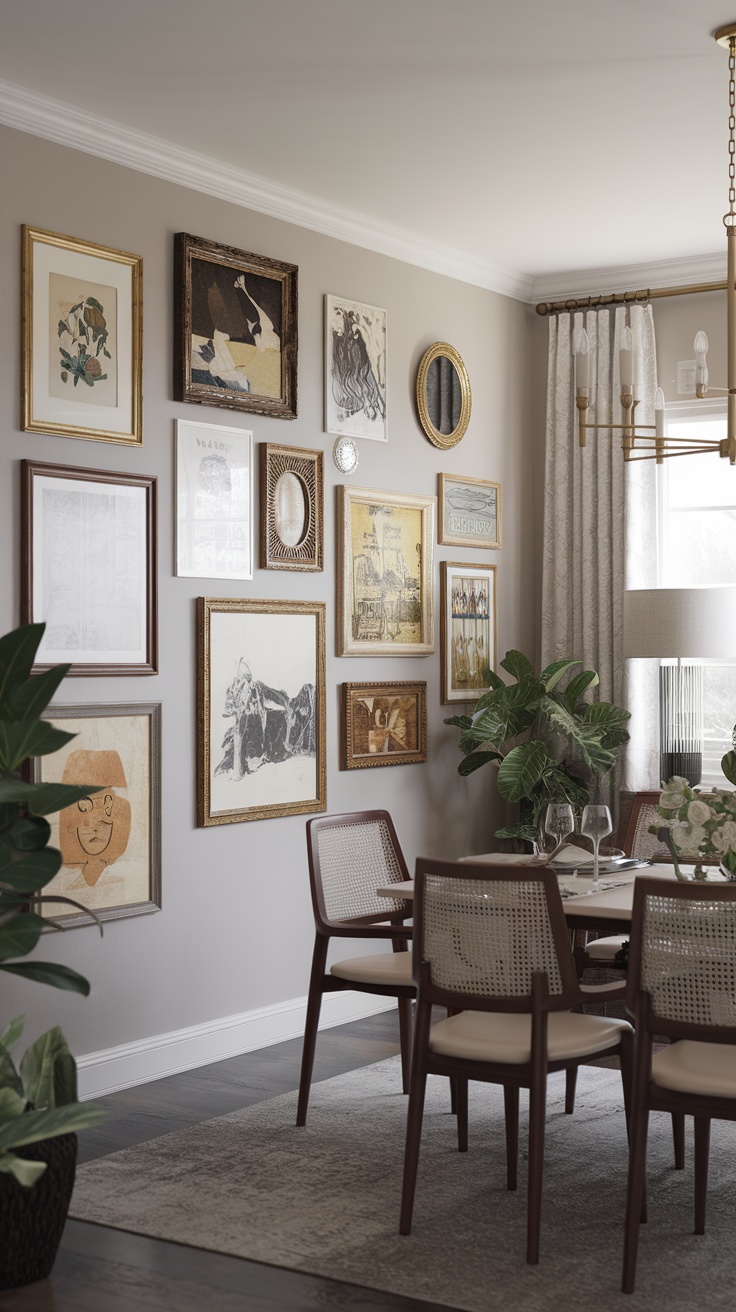 A stylish dining room featuring a gallery wall with various framed artworks.