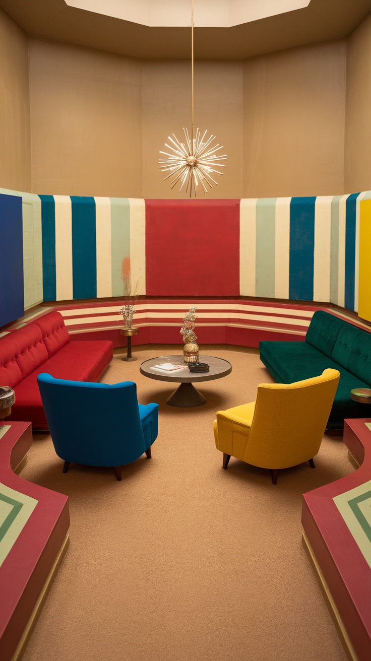 A retro-themed sunken living room featuring colorful furniture and striking wall patterns.