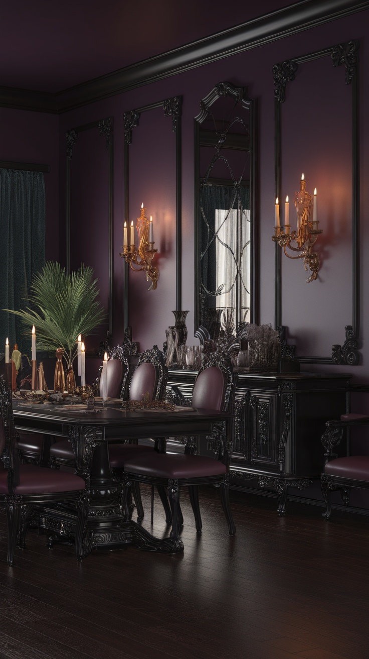 Gothic-inspired dark dining room with ornate furniture and candlelight.