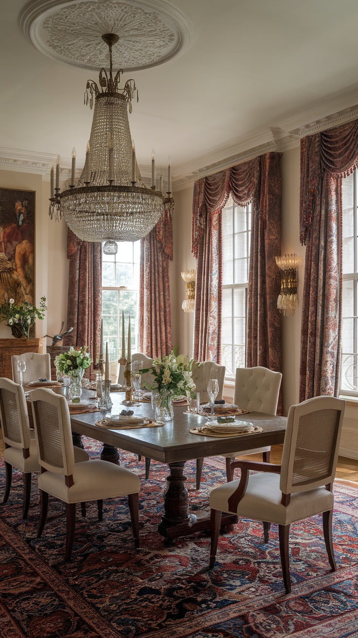 A traditional dining room with a chandelier, patterned curtains, and an ornate rug.