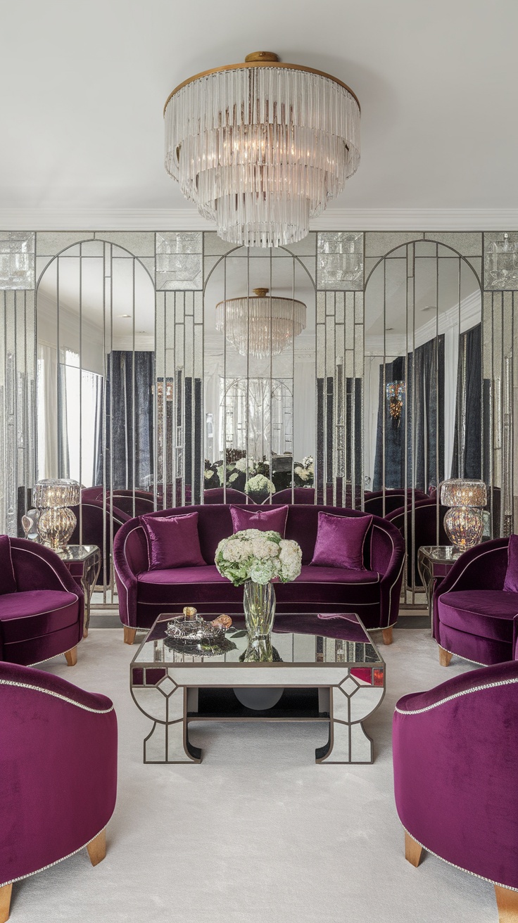 A luxurious Hollywood Regency living room with deep purple velvet furniture and mirrored accents.