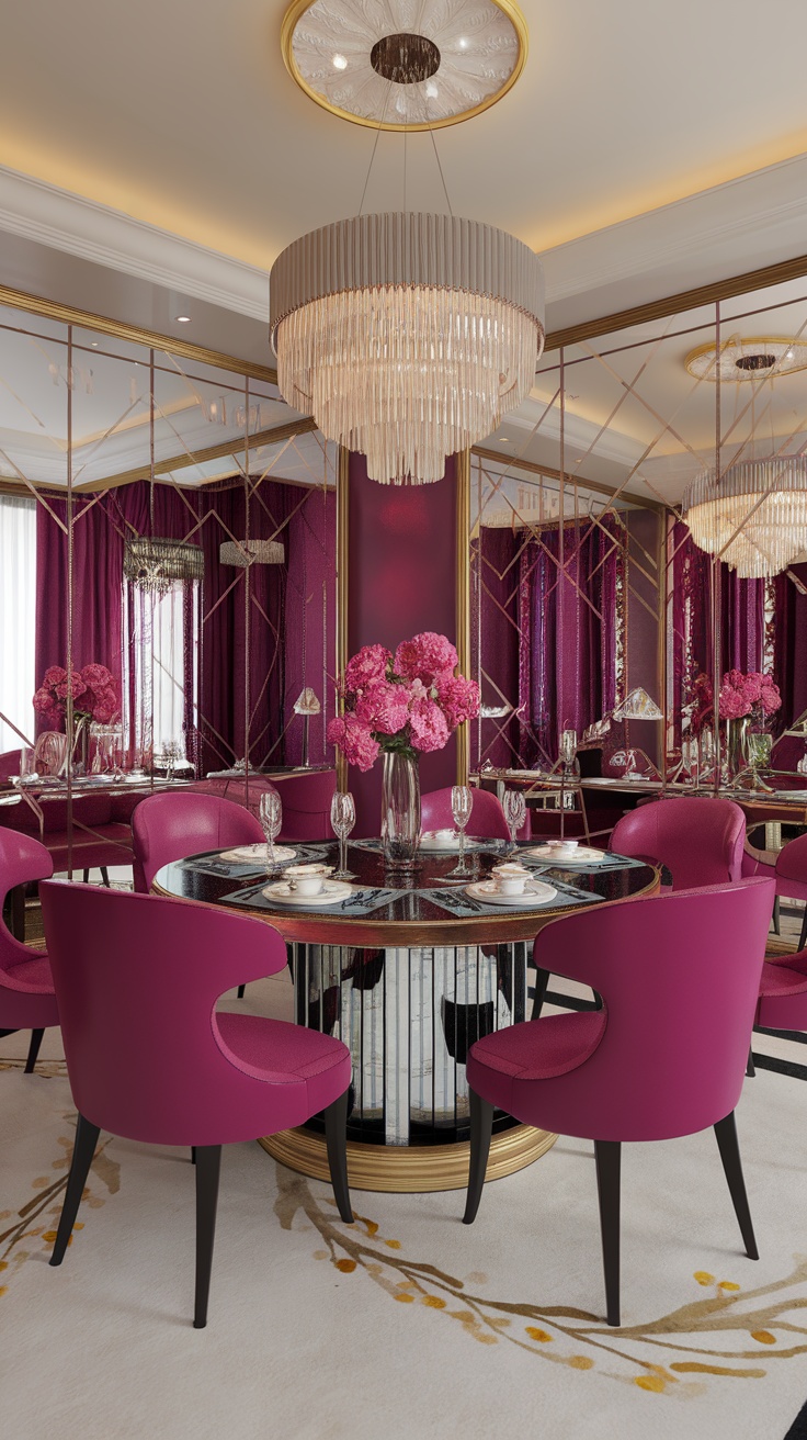 An elegant dining room featuring purple chairs, a round table with floral arrangements, and a stylish chandelier.