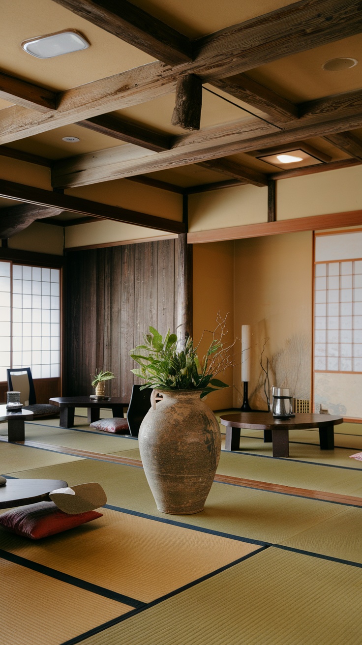 A serene wabi-sabi living room featuring natural colors, wooden beams, tatami mats, and a simple vase of plants.