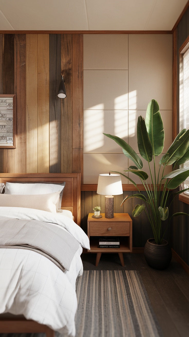 A minimal western bedroom featuring wooden wall panels, a plant, and neutral-toned bedding.