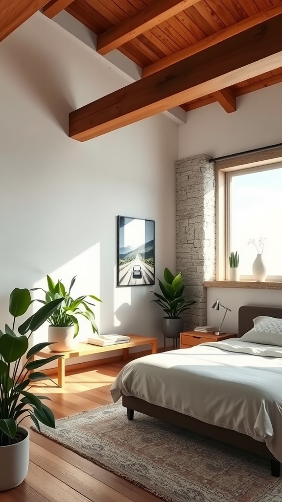 A modern western bedroom featuring natural elements like plants and wooden beams.