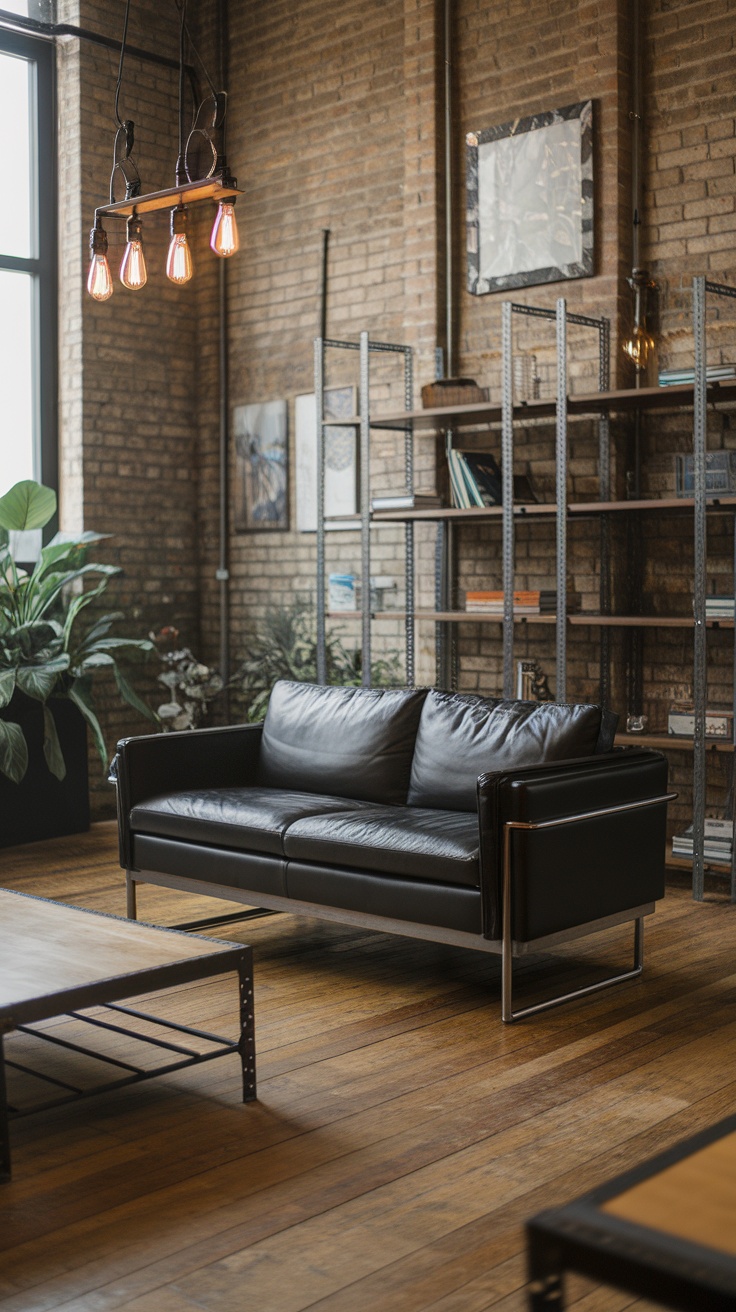 A modern industrial living room featuring a black leather sofa, wooden table, and exposed brick walls.