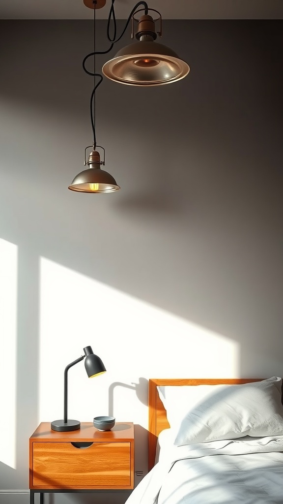 A modern western bedroom featuring industrial lighting fixtures.