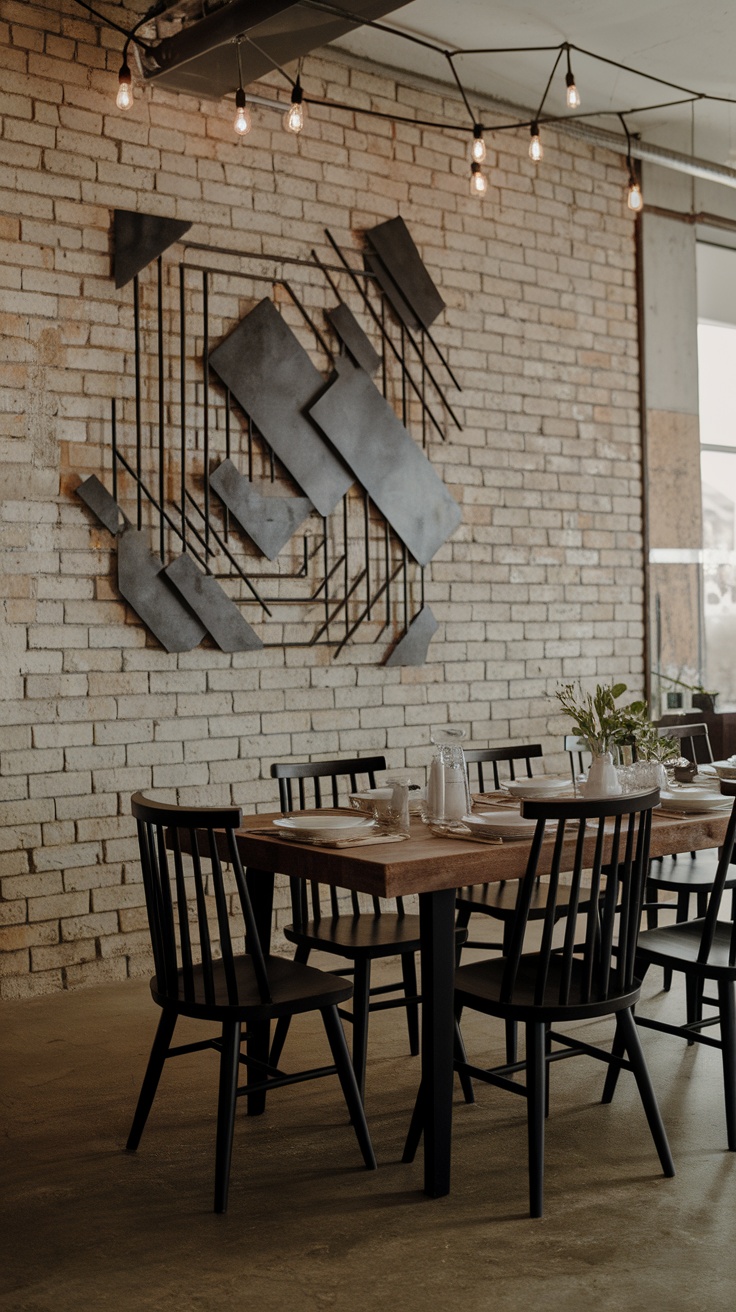 A dining room featuring industrial metal wall decor with geometric shapes and warm lighting.