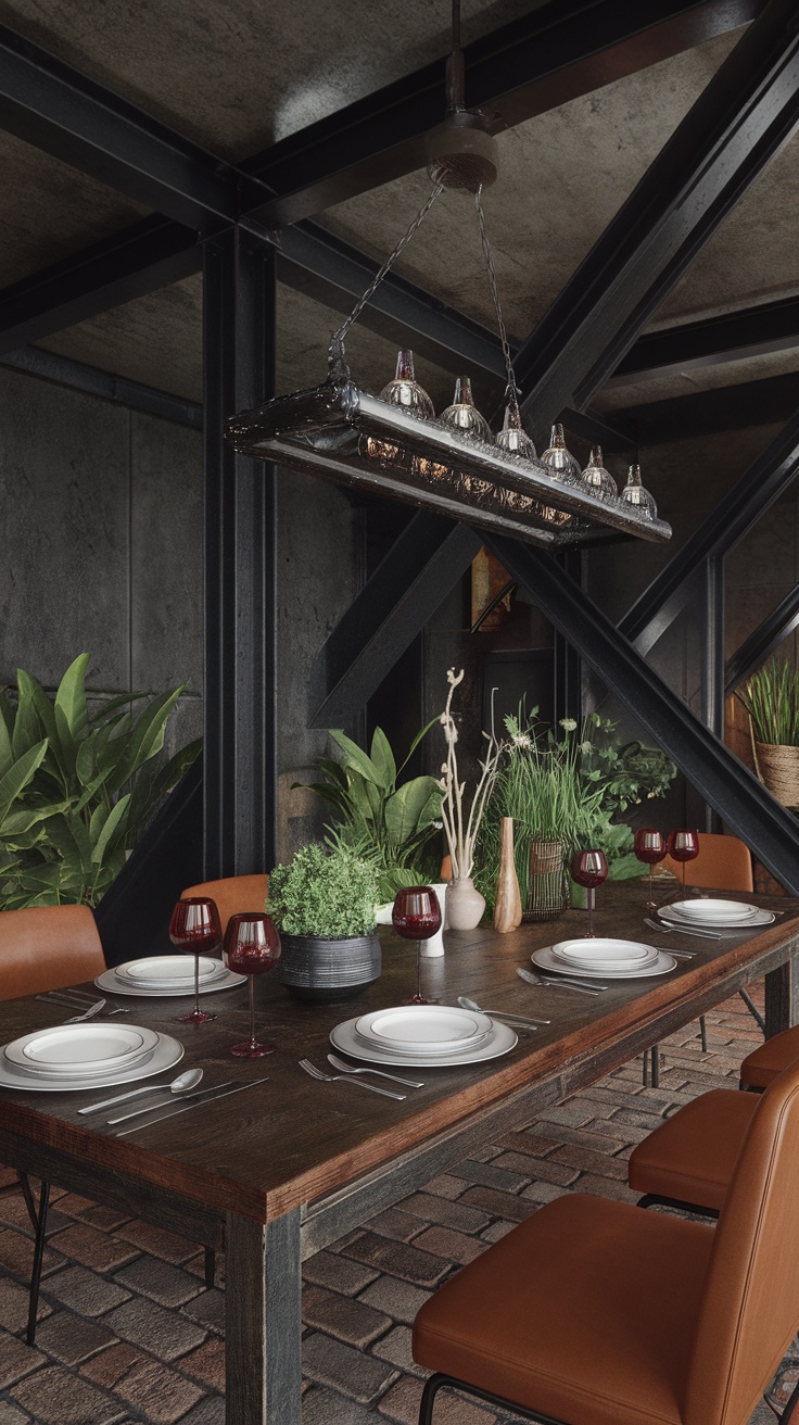 A dark industrial dining room featuring a wooden table, metal accents, and lush plants.