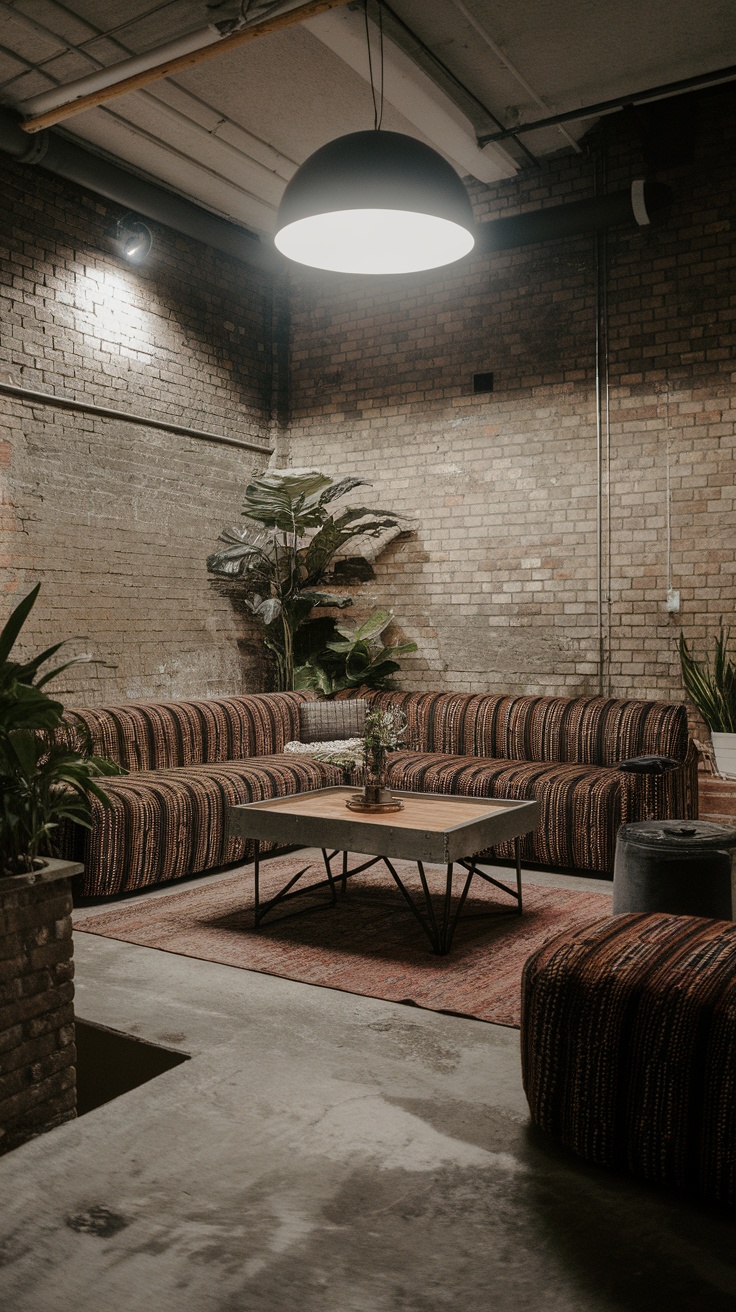 Cozy industrial sunken living room with a striped sofa, plants, and a coffee table.