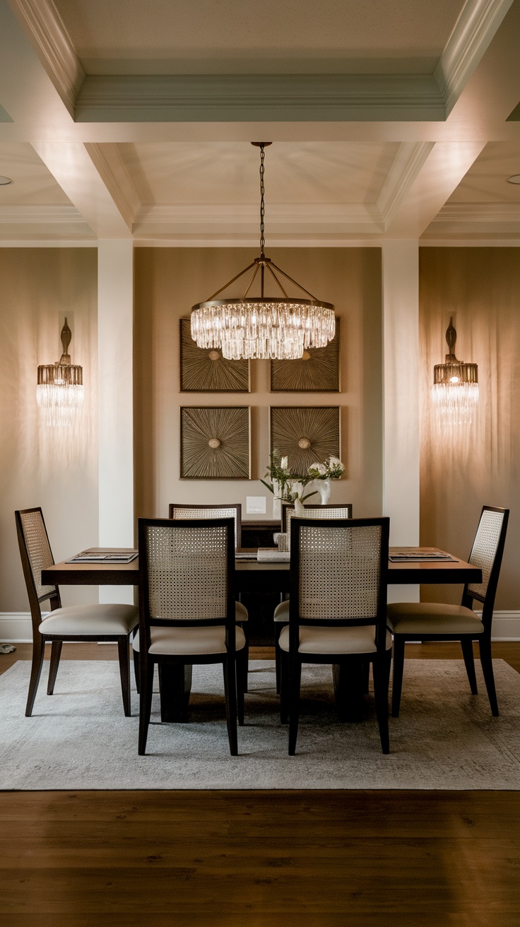 A luxurious dining room featuring a chandelier and wall sconces with a modern design.