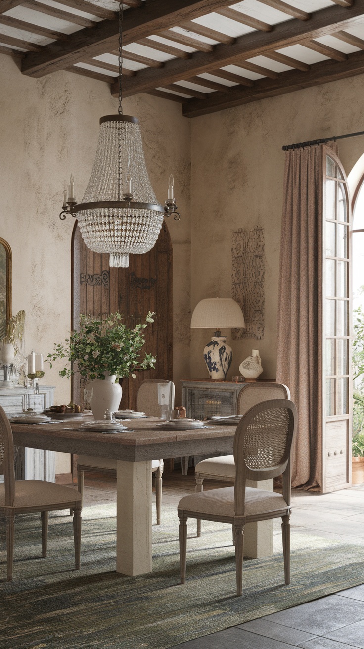 Elegant Italian villa dining room with chandelier and rustic decor.