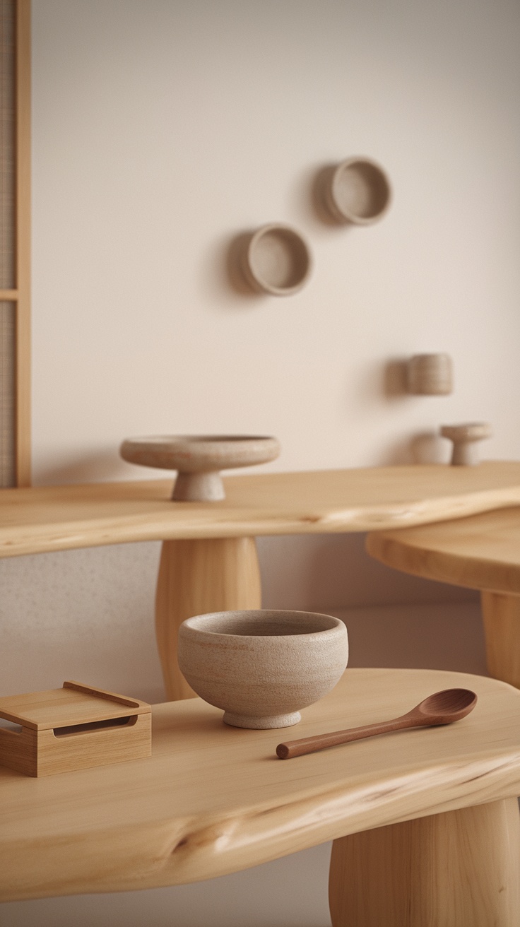 A modern living room decor featuring wooden furniture and clay bowls